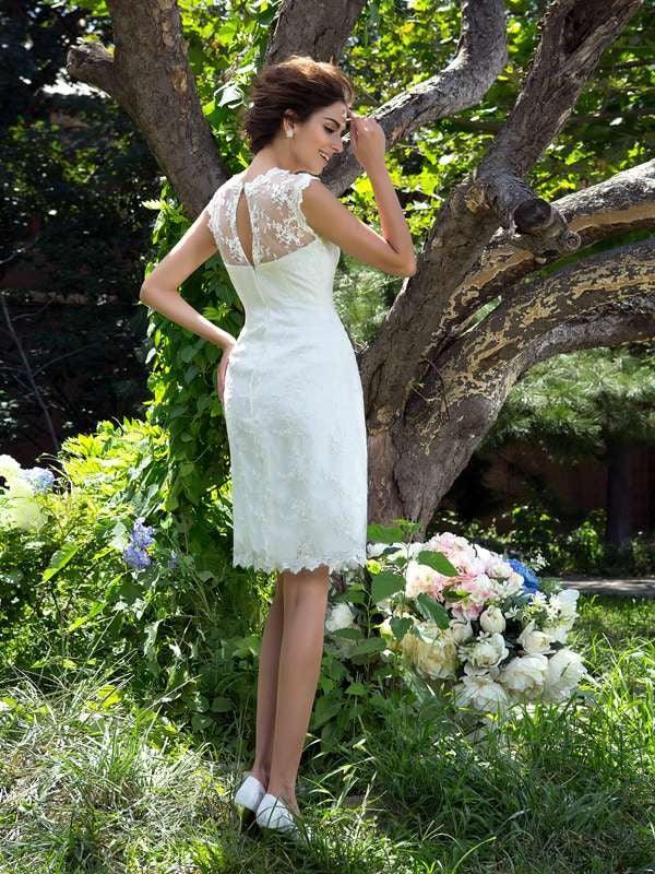 Vestidos de novia princesa cuello transparente apliques sin mangas corto satén
