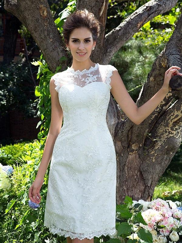Vestidos de novia princesa cuello transparente apliques sin mangas corto satén