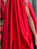 Gown Dress Tie Gala Sweep / Brush Train Half Sleeve Off Shoulder Satin with Ruched Slit Evening Dress