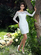 Vestidos de novia columna escote redondo mangas largas encaje corto