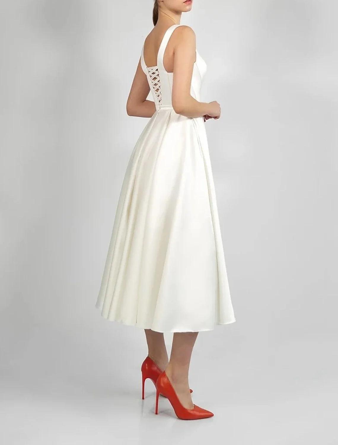 Vestidos de novia de satén con pliegues, corte A, escote redondo, sin mangas, largo hasta la rodilla, color liso