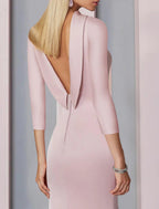 Vestido de noche elegante de sirena para invitada de boda, largo hasta el suelo, manga 3/4, cuello alto, satén con abertura