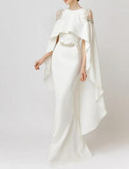 Vestido de noche elegante de sirena, formal, para invitados a bodas, largo hasta el suelo, sin mangas, cuello joya, capas de gasa elástica con apliques