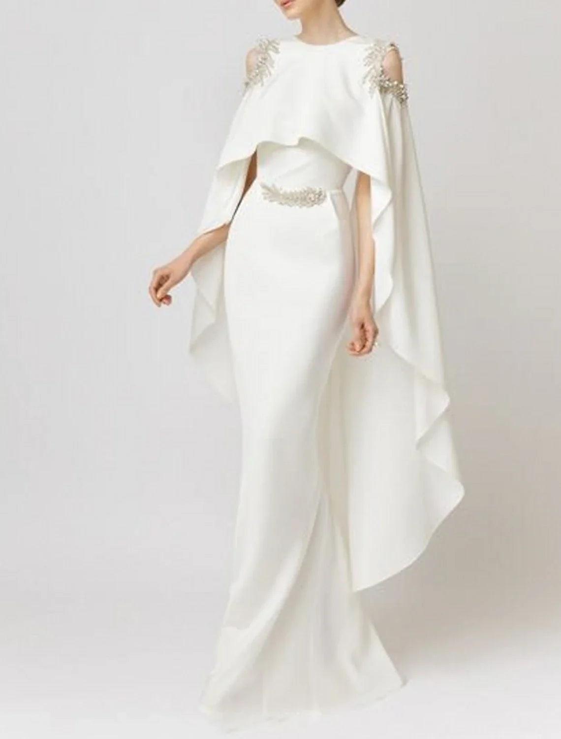Vestido de noche elegante de sirena, formal, para invitados a bodas, largo hasta el suelo, sin mangas, cuello joya, capas de gasa elástica con apliques