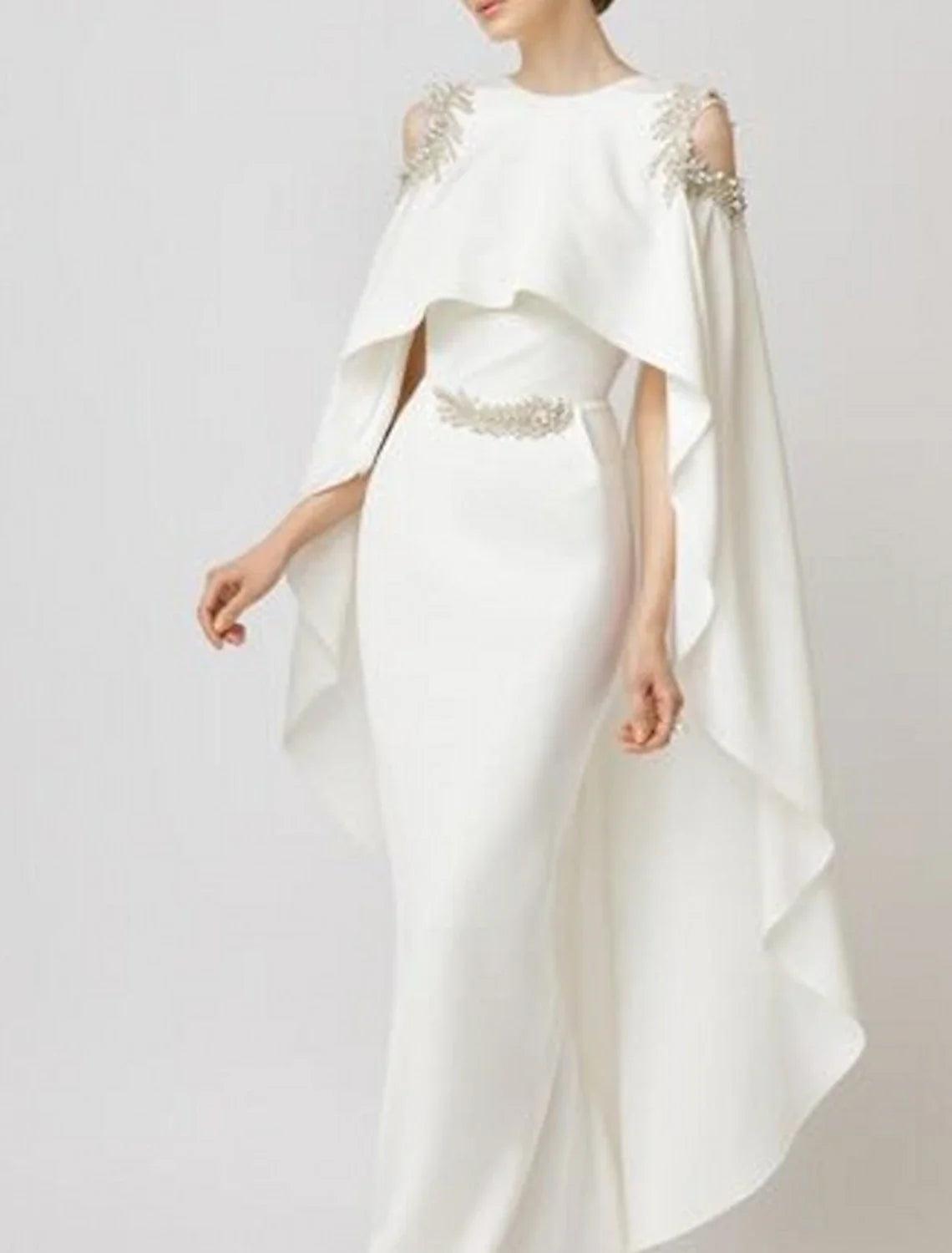 Vestido de noche elegante de sirena, formal, para invitados a bodas, largo hasta el suelo, sin mangas, cuello joya, capas de gasa elástica con apliques
