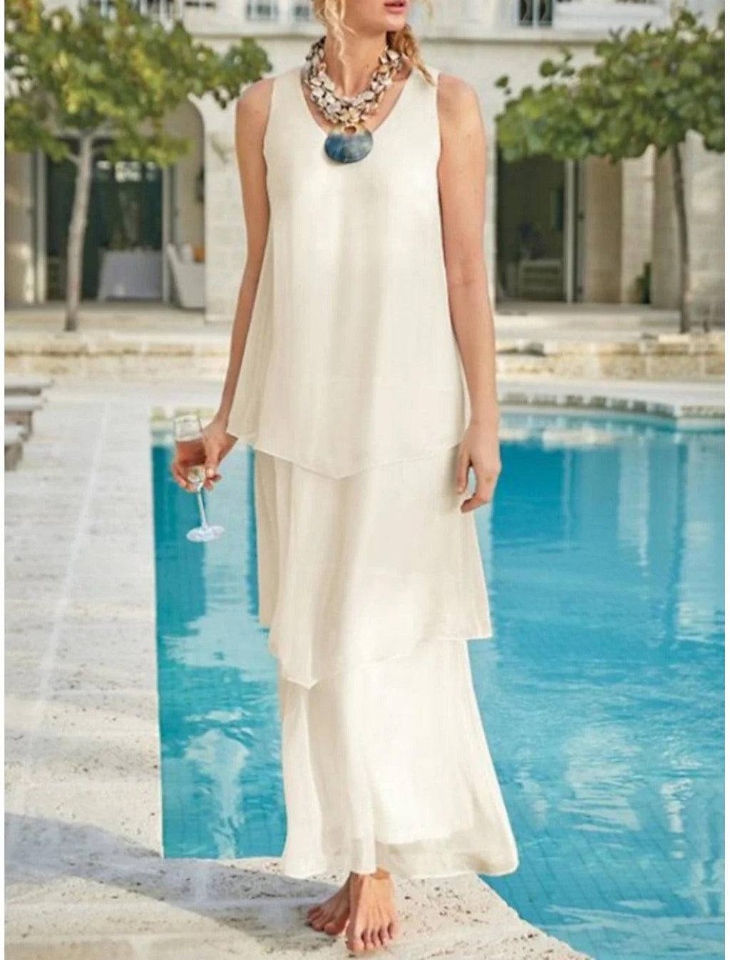 Kleid für die Brautmutter, Hochzeitsgast, elegant, schlicht, V-Ausschnitt, knöchellang, Chiffon, ärmellos, einfarbig
