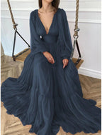 Wedding Guest Dress Formal Floor Length Long Sleeve V Neck Chiffon with Evening Dresses ﻿