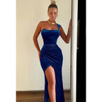 Vestido de fiesta largo de terciopelo azul con pliegues y un hombro al descubierto, vestidos de noche 