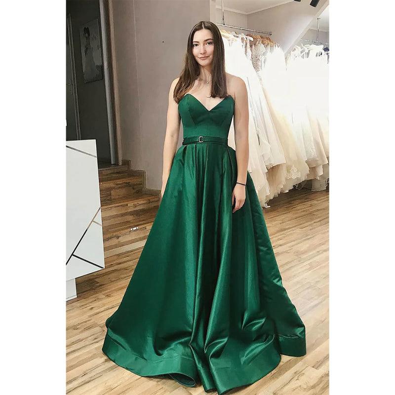 Vestido de fiesta largo sencillo de satén verde con escote en V y abertura, corte A 