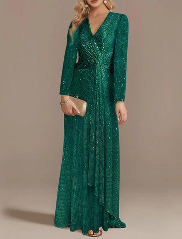Mermaid Dress Formal Wedding Guest Sweep / Brush Train Long Sleeve V Neck Sequined with Sequin Party Dresses