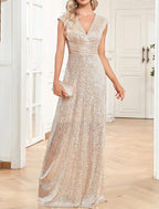 Vestido elegante formal para invitados a la boda, largo hasta el suelo, sin mangas, cuello en V, con lentejuelas, vestidos de fiesta con lentejuelas