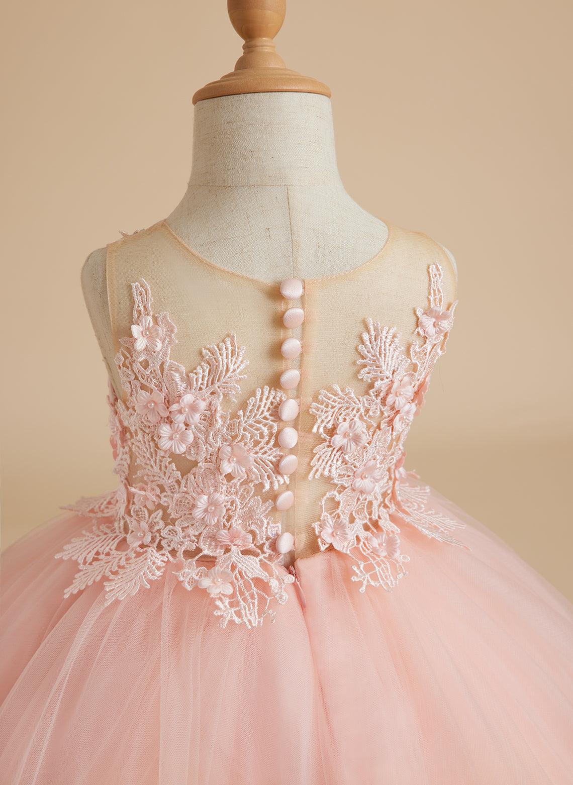 Vestido de princesa de tul sin mangas con apliques de encaje y cola larga para niñas 