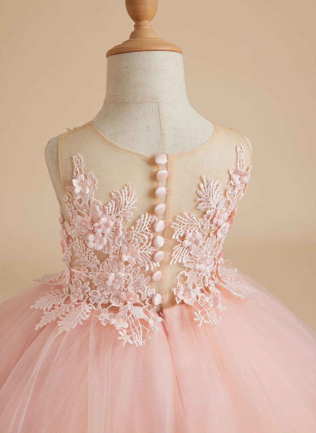 Vestido de princesa de tul sin mangas con apliques de encaje y cola larga para niñas 