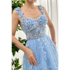 Vestido de noche de fiesta con apliques florales de tul y corte en A con escote en forma de corazón 
