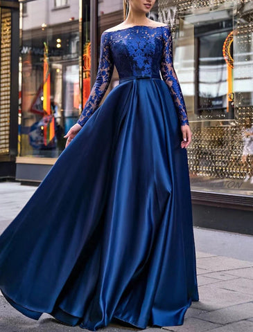 Elegantes Kleid für Hochzeitsgäste im Herbst, bodenlang, langärmlig, schulterfrei, Gürtel/Schärpe, Satin mit Applikationen, Abendkleid