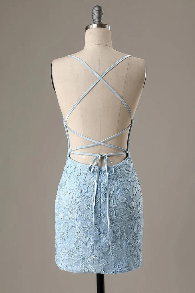 Vestidos de fiesta cortos azules con apliques, muy populares