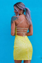 Vestido sexy dorado con brillantes y diamantes de imitación para el regreso a casa