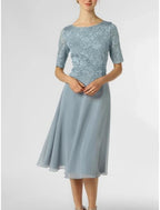 Elegantes, zierliches Kleid für Hochzeitsgäste, U-Ausschnitt, knielang, Chiffon, halbe Ärmel, mit Falten, einfarbig, Mutter der Braut