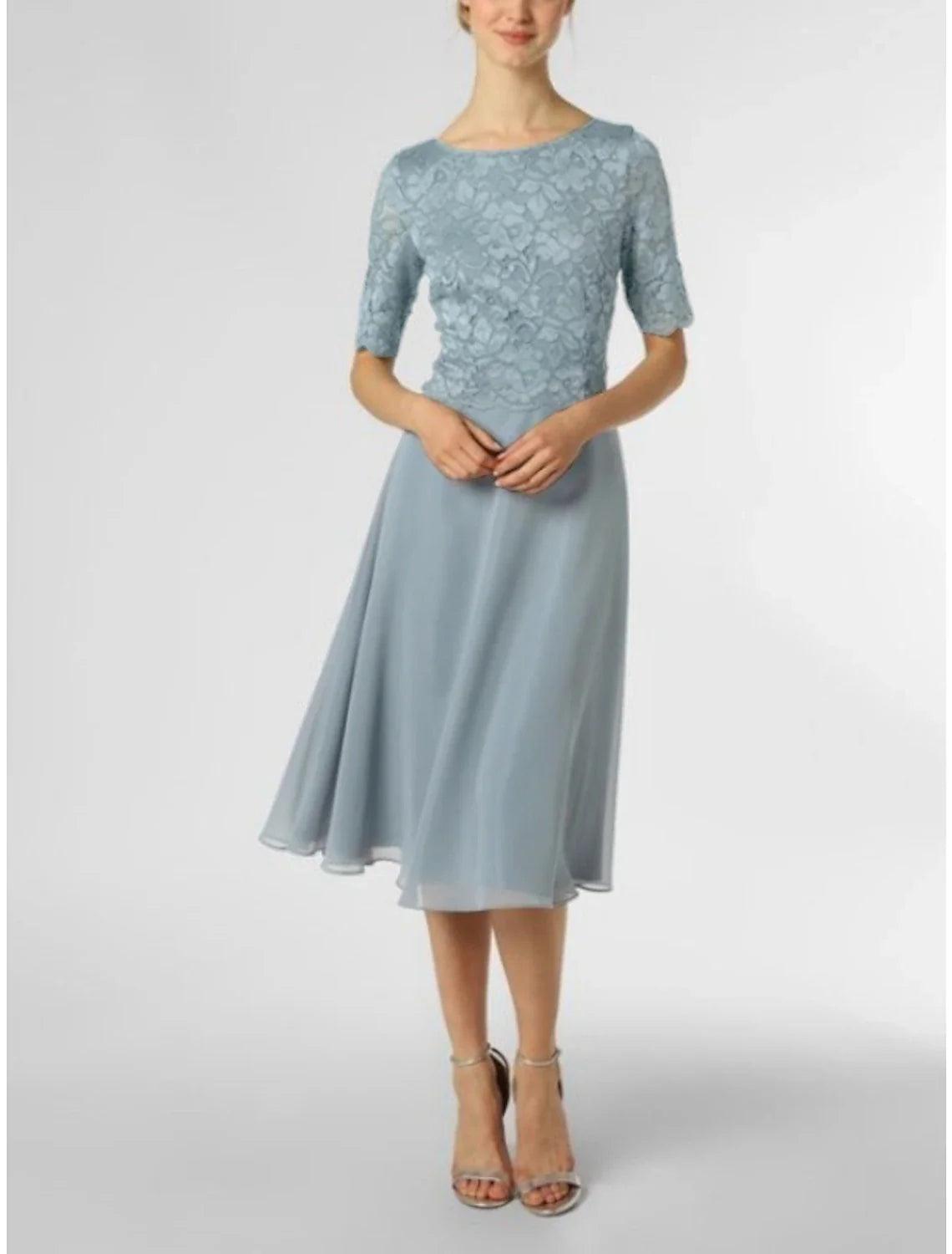 Elegantes, zierliches Kleid für Hochzeitsgäste, U-Ausschnitt, knielang, Chiffon, halbe Ärmel, mit Falten, einfarbig, Mutter der Braut