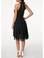 Vestido de fiesta elegante con capas, de gasa, sin mangas, hasta la rodilla, con escote en V y espalda en V para invitados de boda