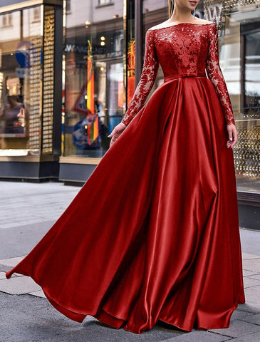 Elegantes Kleid für Hochzeitsgäste im Herbst, bodenlang, langärmlig, schulterfrei, Gürtel/Schärpe, Satin mit Applikationen, Abendkleid