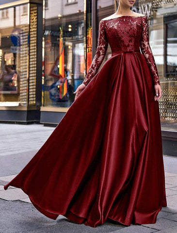 Elegantes Kleid für Hochzeitsgäste im Herbst, bodenlang, langärmlig, schulterfrei, Gürtel/Schärpe, Satin mit Applikationen, Abendkleid