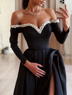 Gown Dress Formal Masquerade Sweep / Brush Train Long Sleeve Off Shoulder Satin with Pearls Slit Evening Dress