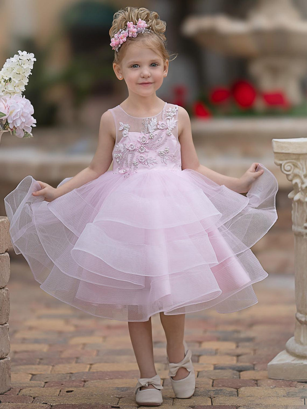 Elegante vestido rosa hasta la rodilla para niña de las flores con apliques florales 