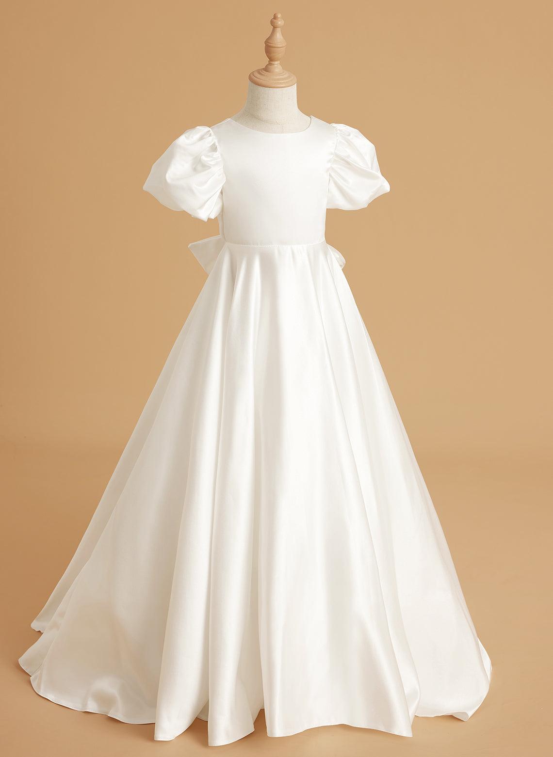 Vestido para niña de las flores con cola larga, mangas abullonadas, lazo en la espalda y botones 