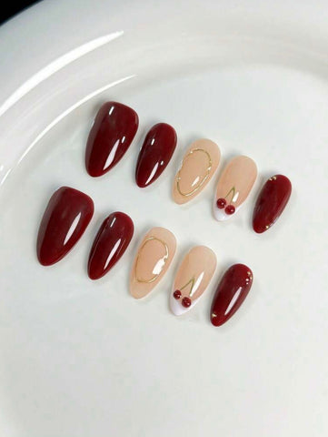 Uñas postizas de gel color rojo cereza hechas a mano, uñas postizas a presión
