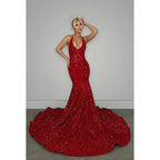 Vestido de noche largo de sirena con escote en V, espalda descubierta, lentejuelas y cola larga