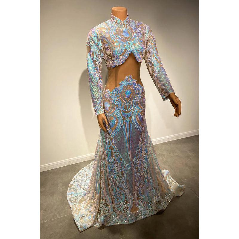 Vestido de fiesta de sirena con apliques de lentejuelas y cuello alto único para chica negra 