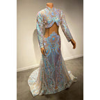 Vestido de fiesta de sirena con apliques de lentejuelas y cuello alto único para chica negra 