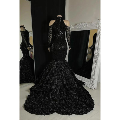 Trumpet/Mermaid V-Neck Lace Sequins Zipper-Up Long Sleeves Prom Dress For Black Slay