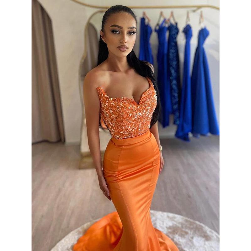 Vestido de fiesta de noche largo con escote en V y corte sirena naranja sexy 