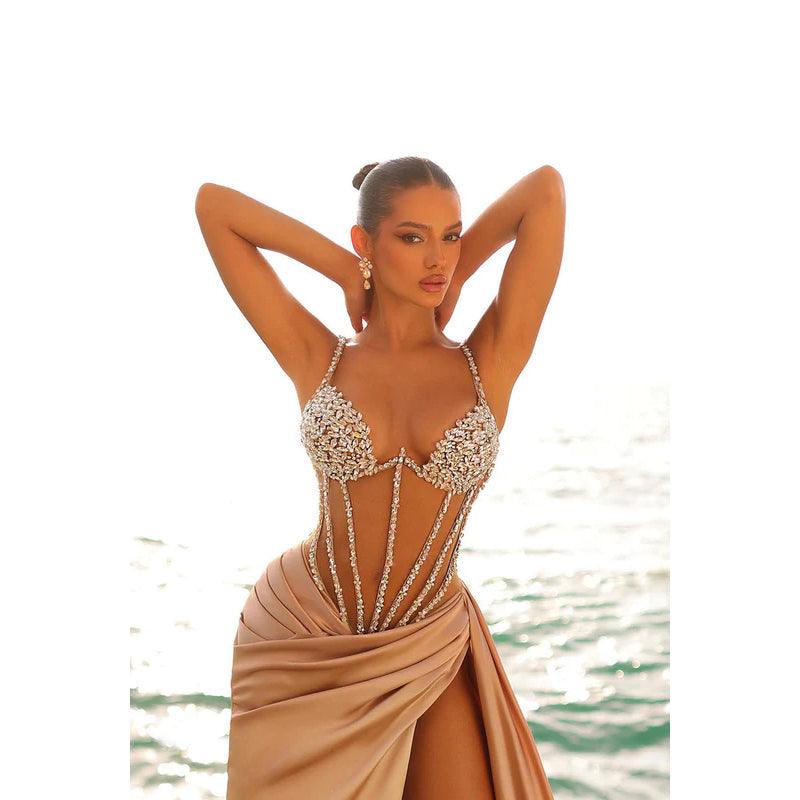 Sweetheart Beaded Sheer Tulle Ruched Satin Sheath Long Evening Dress