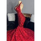 Vestido de fiesta de corte trompeta/sirena con escote en V, encaje, lentejuelas, apliques, espalda descubierta y sin mangas
