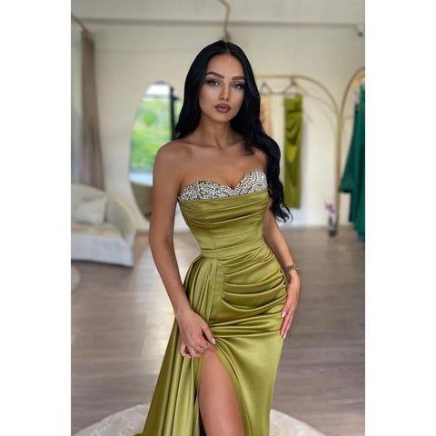 Sweetheart Strapless Beaded Ruched Satin Sheath Long Evening Prom Dress