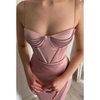 Sweetheart Spaghetti Straps Beaded Ruched Prom Dress With Slit