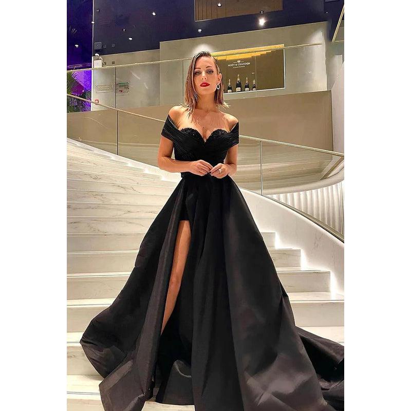 Vestido de fiesta largo de corte A con escote en forma de corazón, hombros descubiertos, lentejuelas y fruncido
