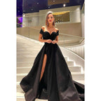 Vestido de fiesta largo de corte A con escote en forma de corazón, hombros descubiertos, lentejuelas y fruncido