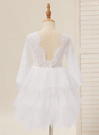 Vestido blanco de tul con encaje hasta la rodilla (2003227580) 