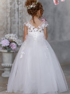 Vestido de princesa color marfil con apliques de encaje y lazo de tul | Vestido de niña de las flores de tul con mangas cortas y largo hasta los tobillos 