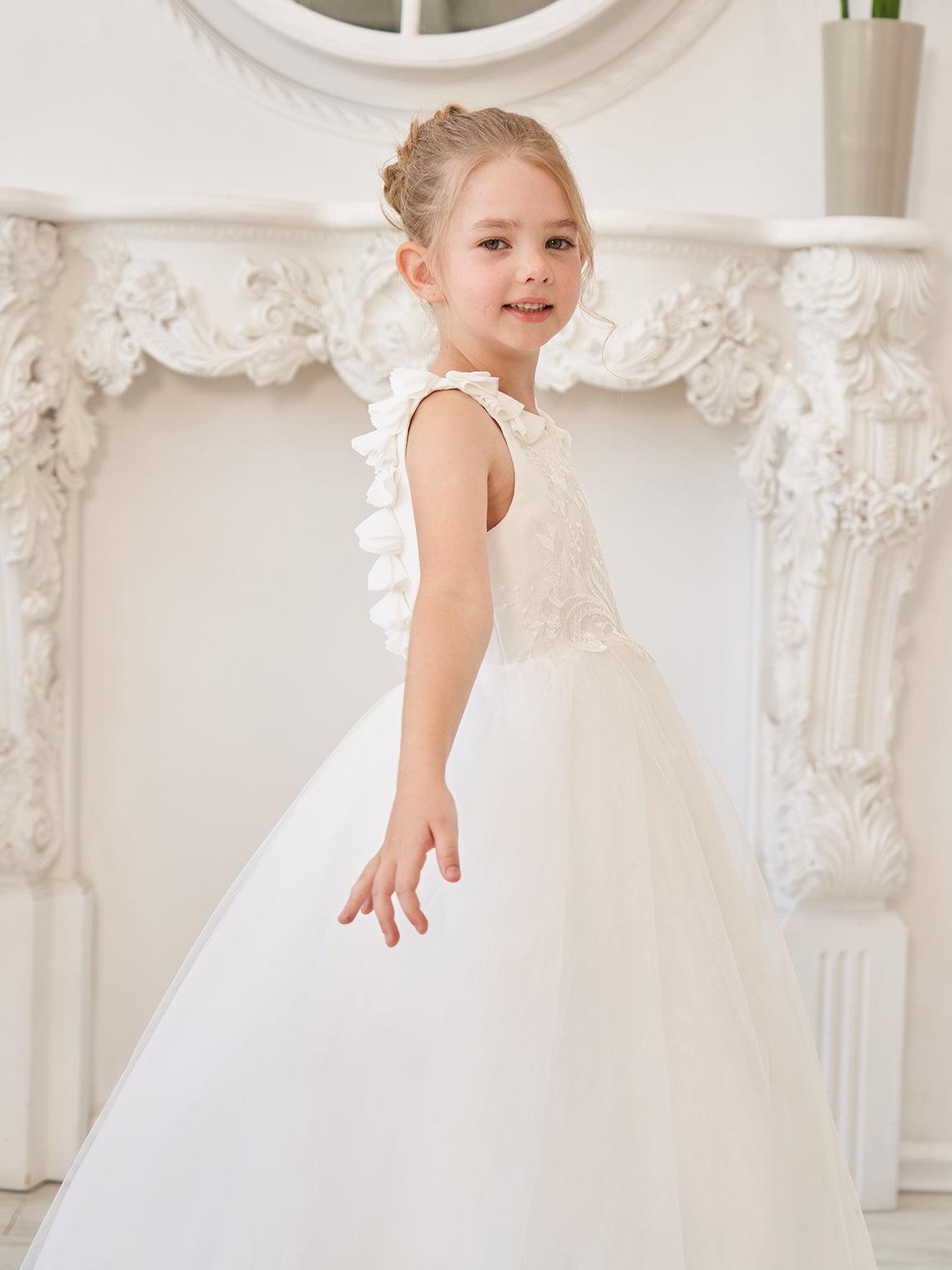 Elegante vestido de niña de las flores de tul blanco con cola larga 
