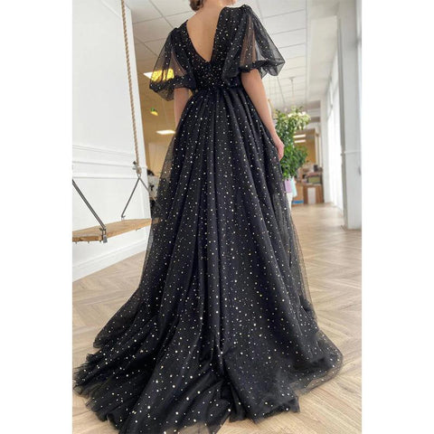 Sexy V-neck Half Sleeves High Split Sparkly Prom Dress with Pockets