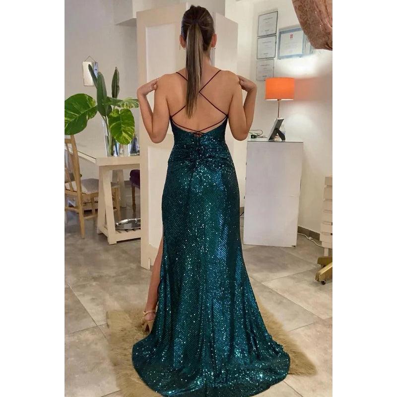Vestido de noche sin mangas, con escote en V, lentejuelas, abertura en la espalda y corte tubo/columna