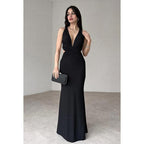 Vestido de fiesta sencillo e informal de corte tubo/columna, escote en V, sin mangas, estilo halter y tirantes cruzados
