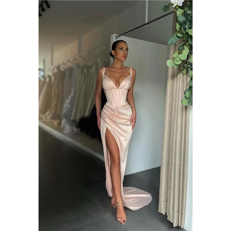 Sexy V-neck Pleats High Split Mermaid Prom Dresses