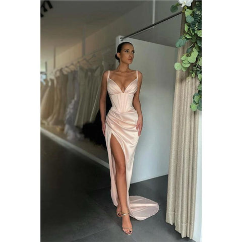 Sexy V-neck Pleats High Split Mermaid Prom Dresses