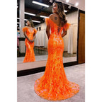 Vestido de fiesta de sirena con escote en V pronunciado y apliques de lentejuelas